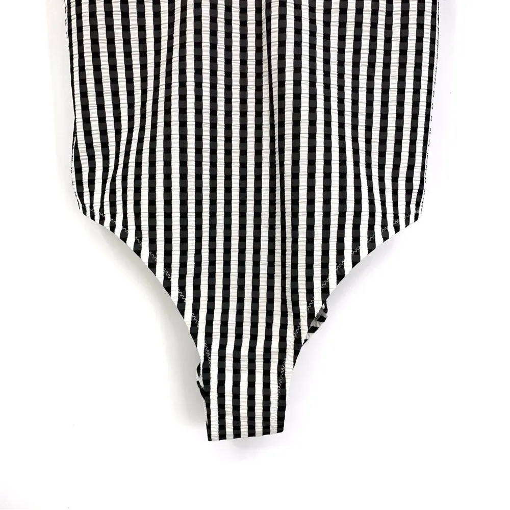 ATHLETA Stripe Seersucker V-Neck One Piece Swimsuit Black White XXS - Image 3