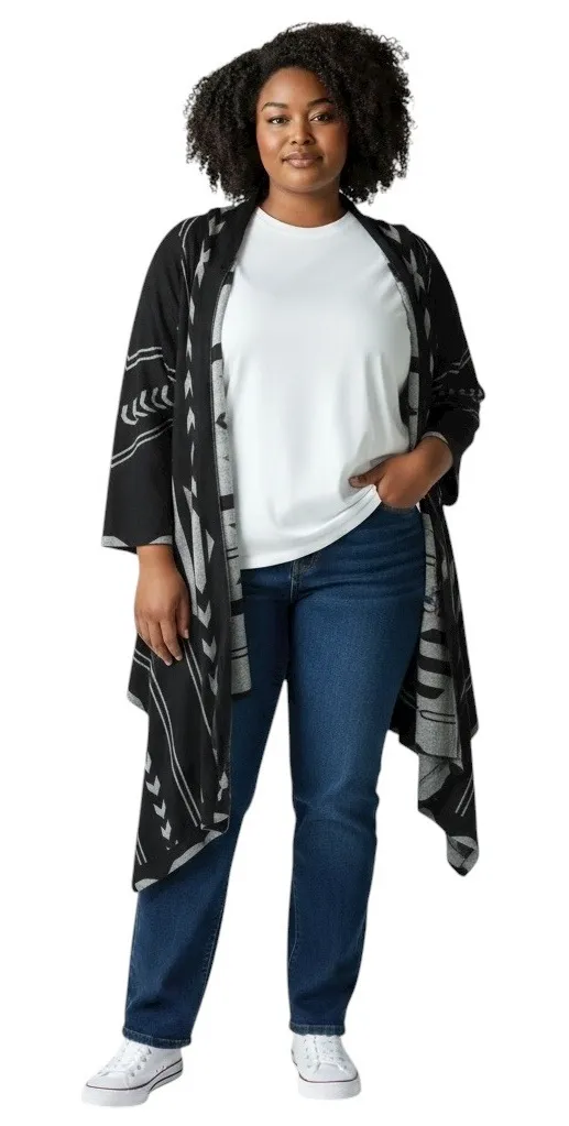 Midnight Velvet Plus Size 3X Cardigan Waterfall Black Gray Geometric Sweater E - Image 1