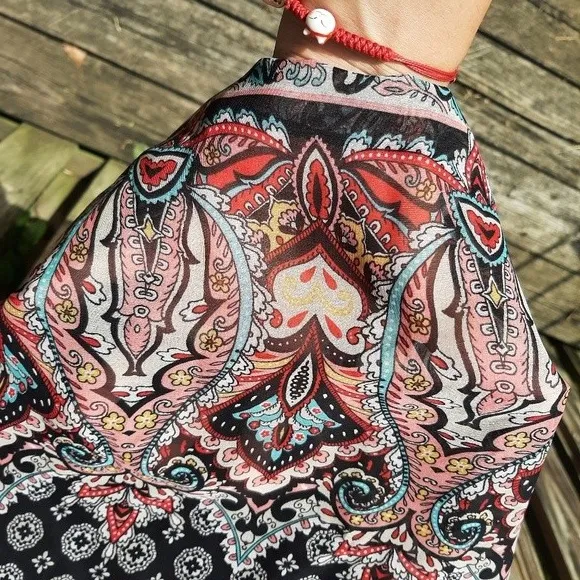 AUW Bohemian Tunic Lined Mini Dress Back Cut-out  Bell Sleeve Size M - Image 13