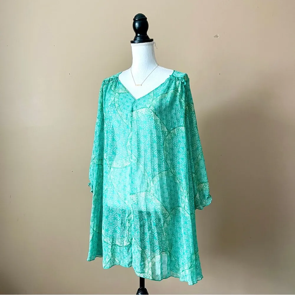 FOREVER 21 | Green Printed Sheer Accordion Pleated Tunic Dress Sz M - Image 2