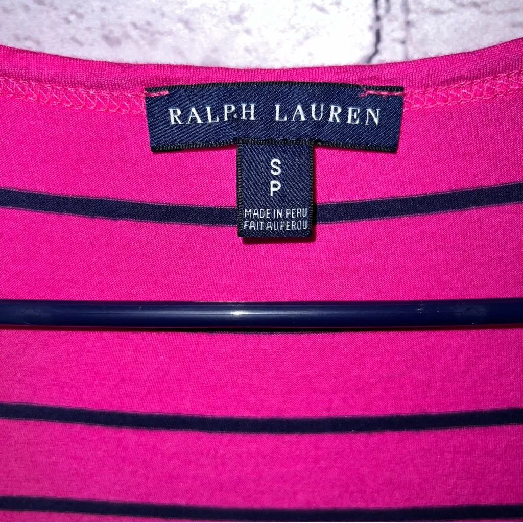Ralph Lauren Y2K Pink and Navy Striped Short Sleeve Scoop Neck‎ Top Size Small - Image 4