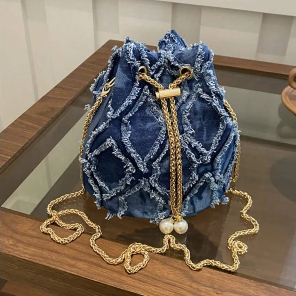 Raw Edge Denim Bucket Bag with Gold Chain Strap & Pearl Detail Blue - Image 3