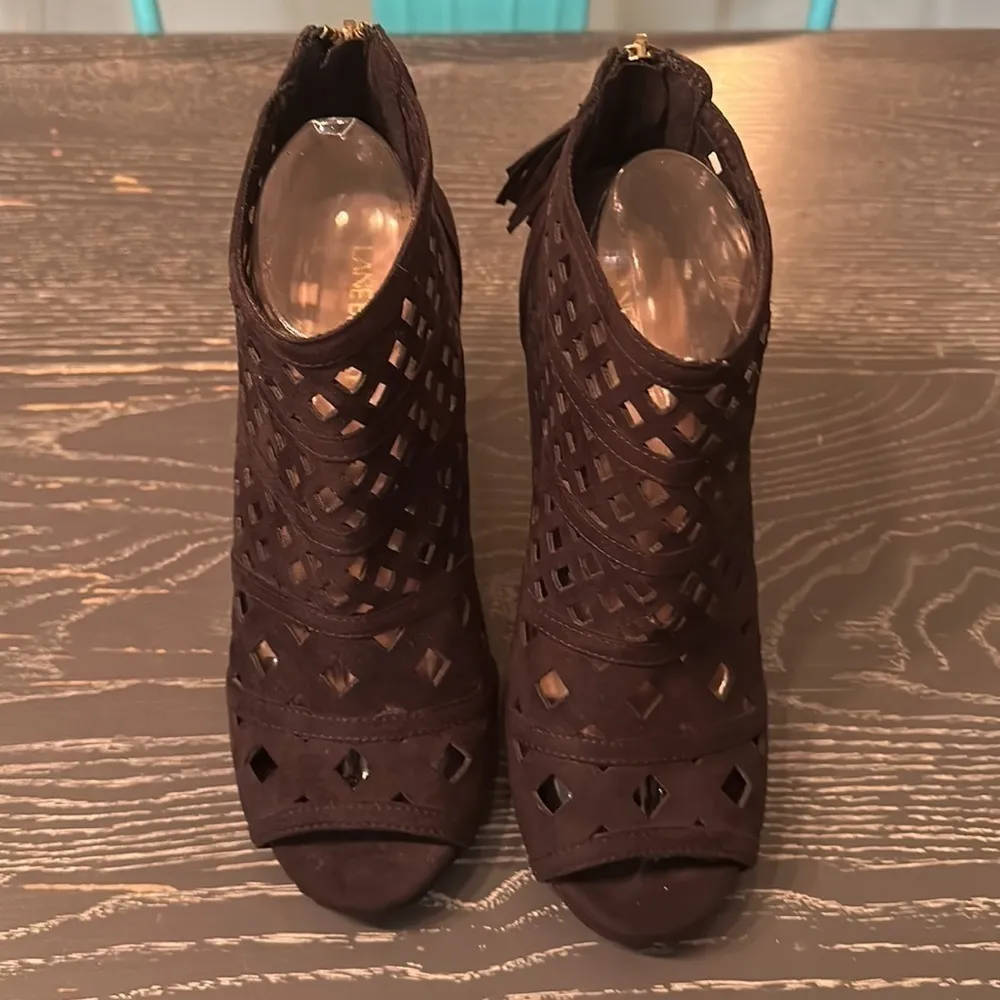 Lane Bryant Black Laser Cut Heels with Zip Back, Size 9 - Image 2