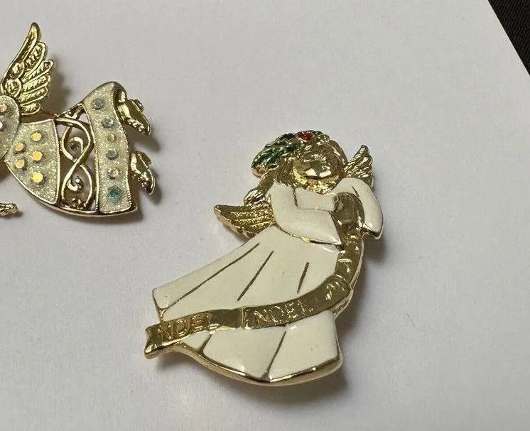 Lot Of 2 Christmas Holiday Angels Brooch Pin Gold Tone / Off White Cream - Image 3