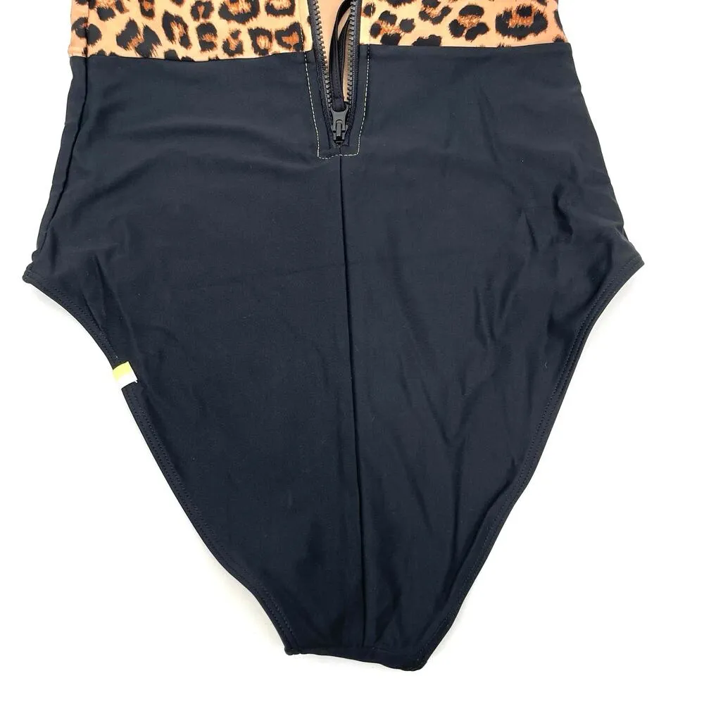 Summersalt The Surf Leopard Print Black One Piece Swimsuit Zip Up Back Size 4 - Image 5