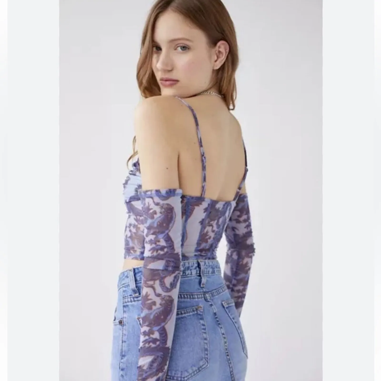 Urban Outfitters UO Ziggy Purple Paisley Print‎ Cold Shoulder Corset Top Size L - Image 2