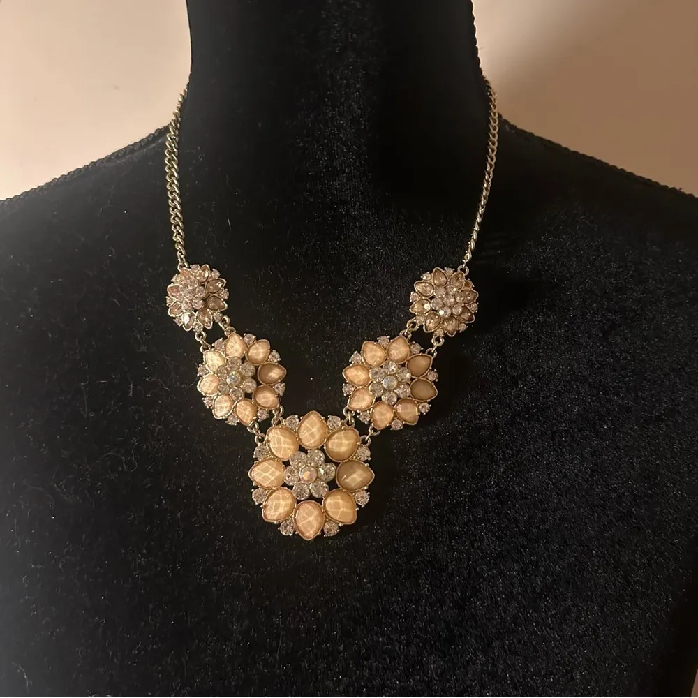 Statement Collar Floral Necklace Champagne Stones with Rhinestones Goldtone Gold - Image 2