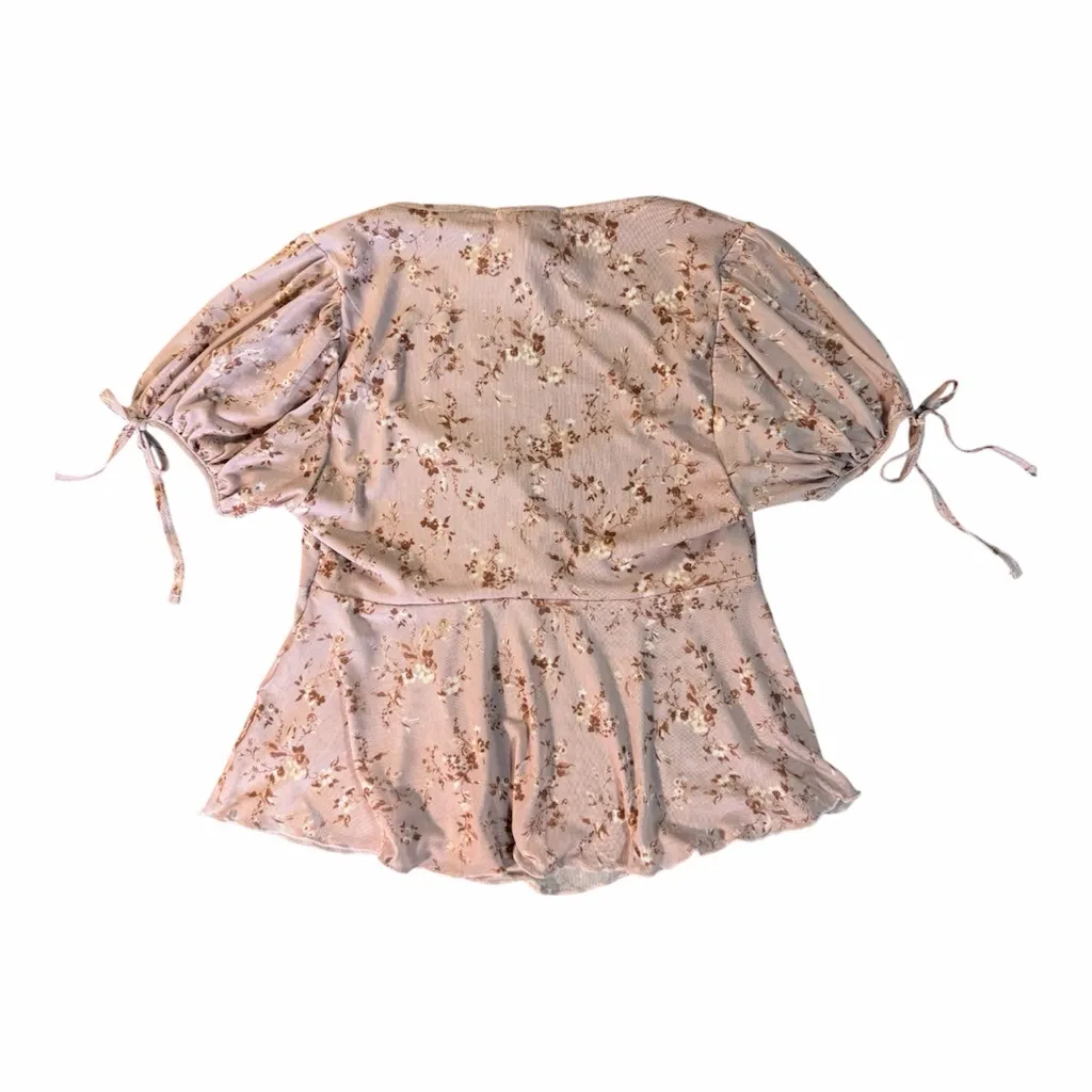 Y2K Floral Sheer Mesh Babydoll Top Coquette Puff Sleeve M Kawaii Fairycore Soft - Image 2