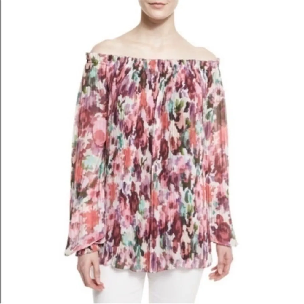 St. John Brigette Floral Print Georgette Pleated Blouse - Image 11