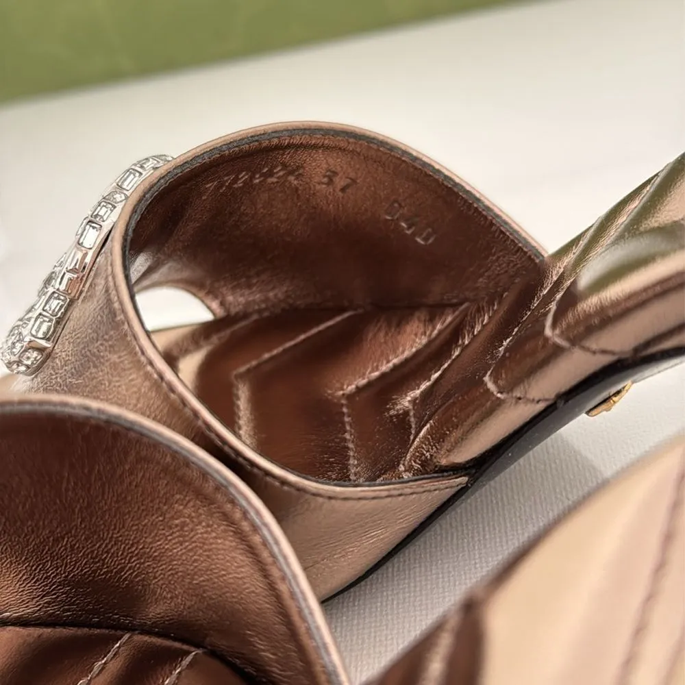 Gucci Marmont EU 37 US 7 Crystal GG Rose Gold Sandals Heels Metallic Nappa New - Image 8