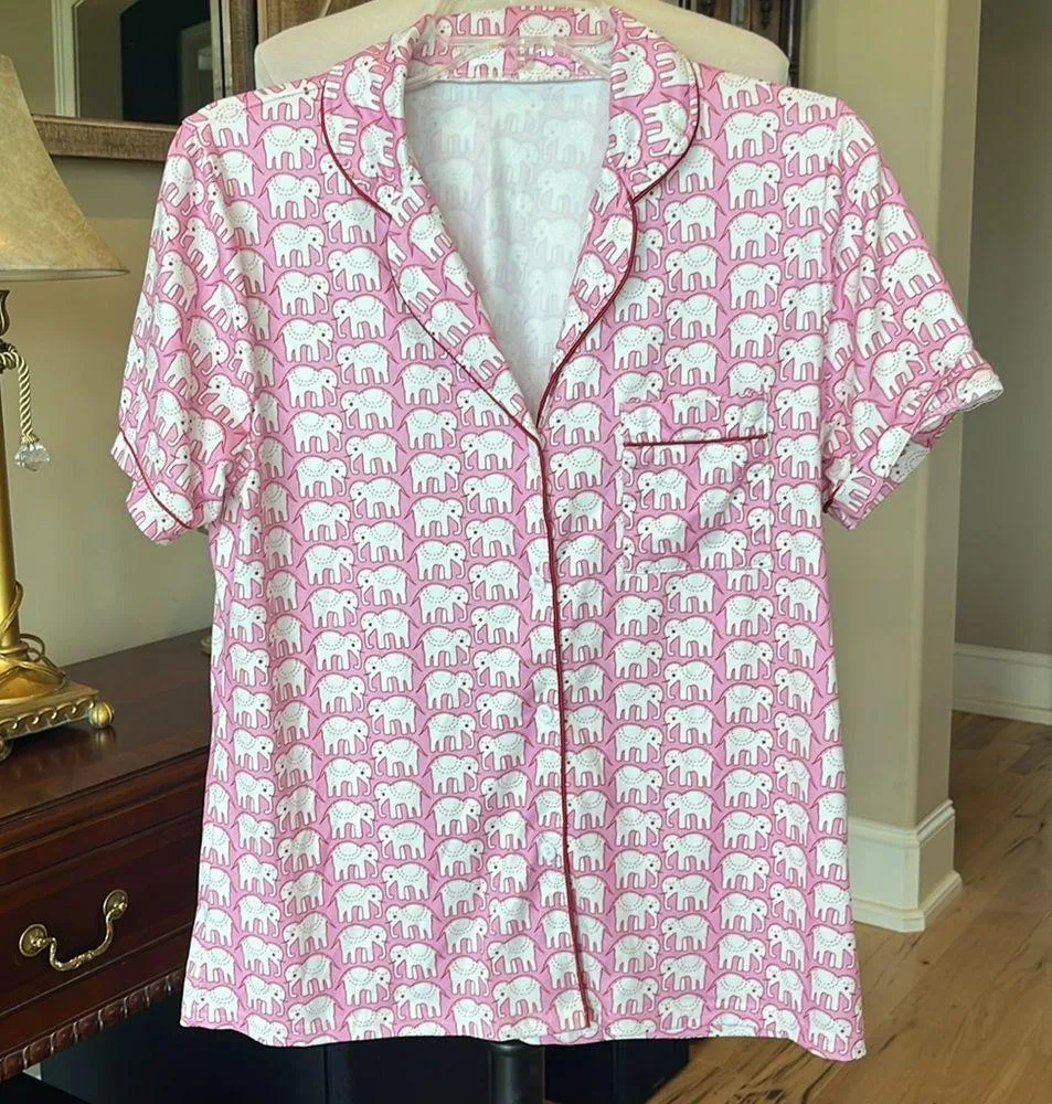 Pink Elephant Buttoned Collar Pajama Top Size M - Image 3
