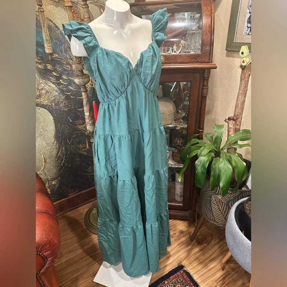 EUC DAVI&DANI  GREEN Tiered Cotton Poplin Maxi Dress - Image 2