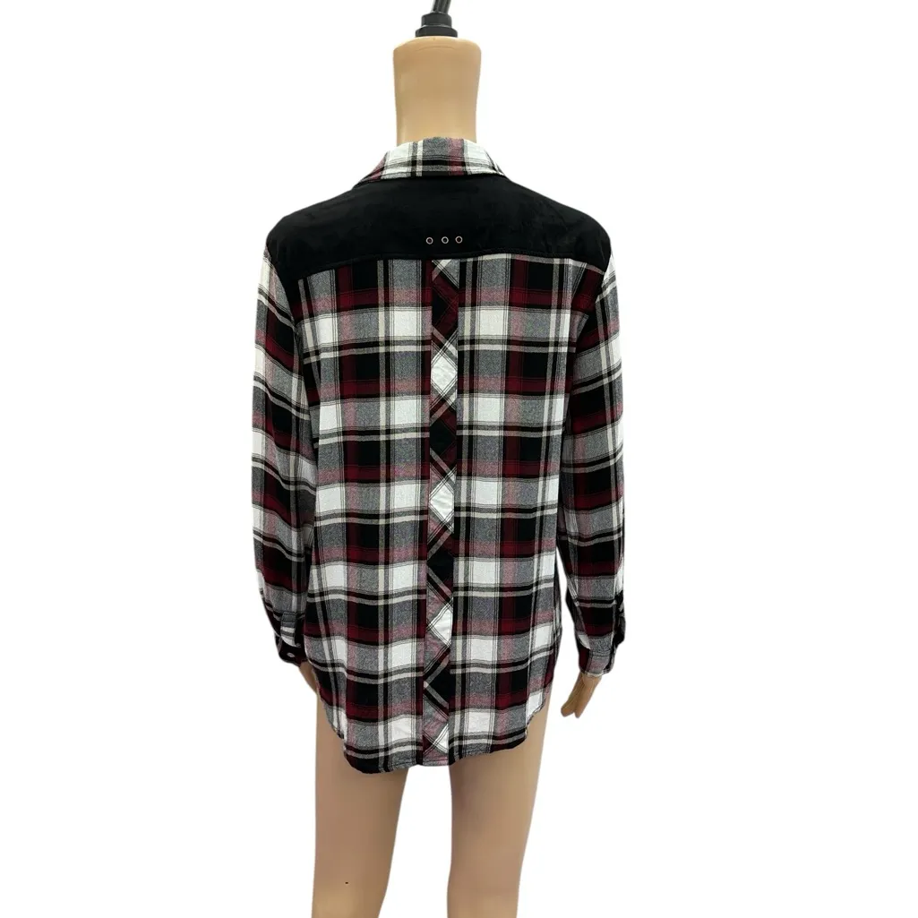 Westbound Plaid Sueded Yoke Long Button Tab Sleeve Shirt Womens Petite Large - Image 7