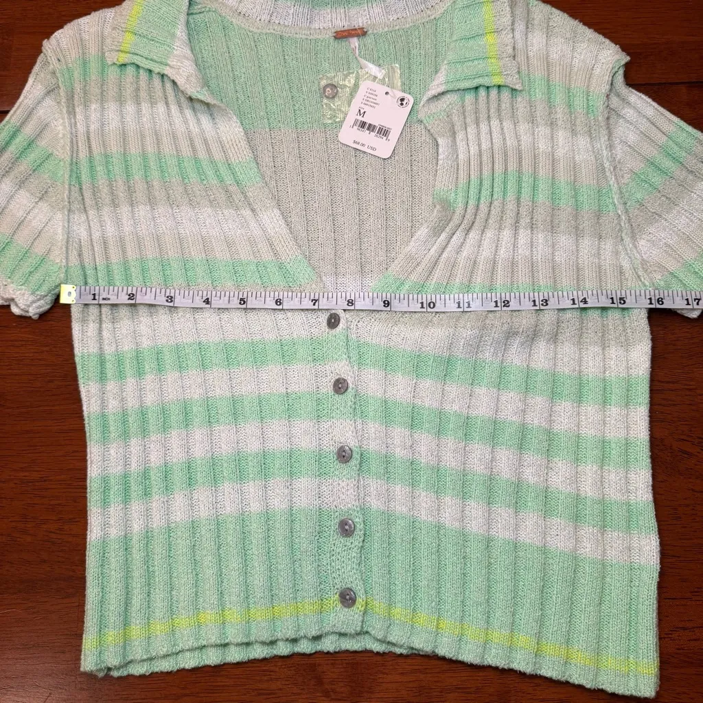 Free People NWT Flirt Cardi‎ Short Sleeve Sweater Green Cream Stripe Size Medium - Image 9
