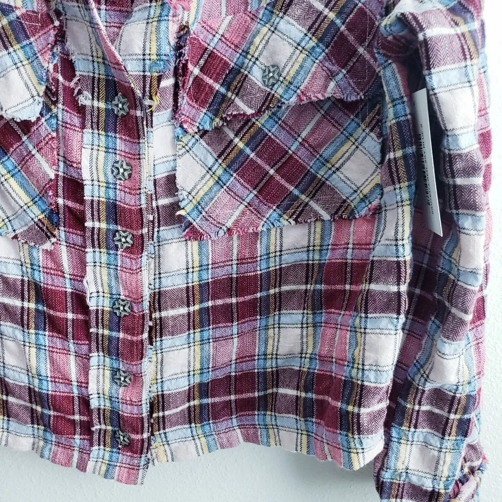 POL Plaid Button Down Embroidered Long Sleeve Top - Image 6