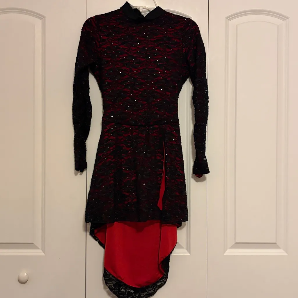 Adult Open Back Long Sleeve Black and Red Lace Dress Dance Costume Size Medium - Image 2