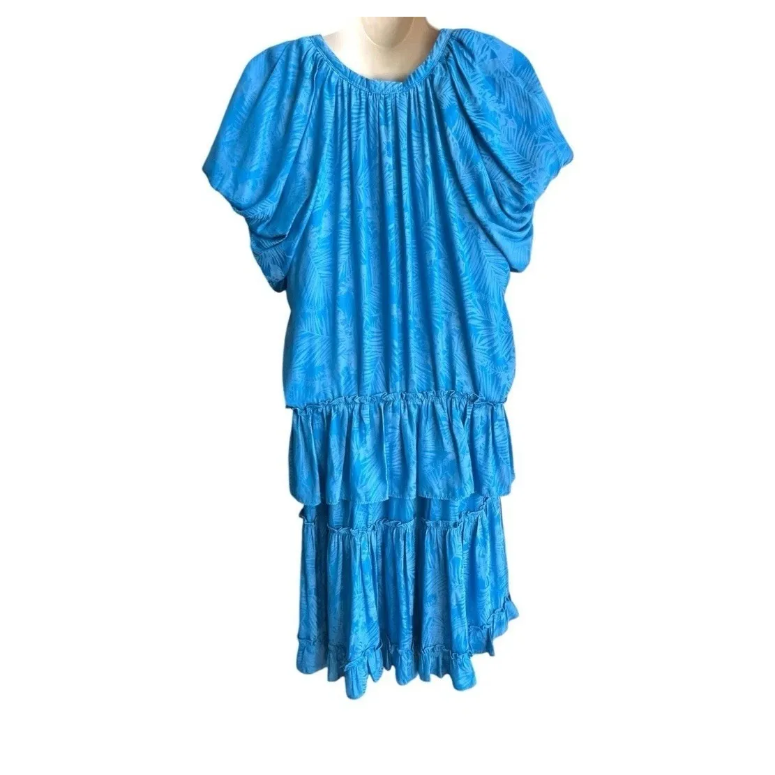 Current Air Los Angeles Blue Frond Palm Ruffle Pleated Mini Dress Sz Medium‎ - Image 6