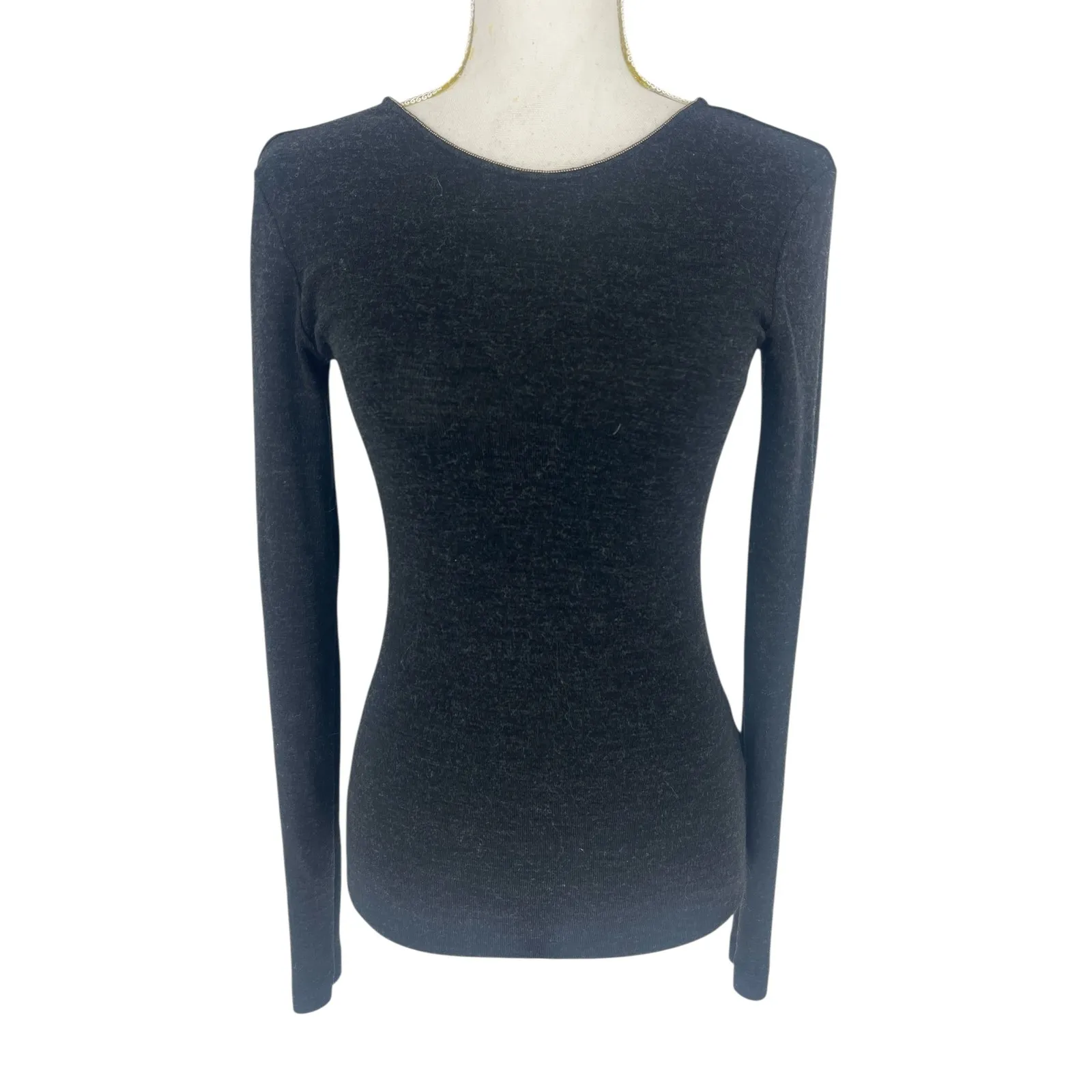 Brunello Cucinelli Monili Trim Virgin Wool Low Back Long Sleeve Top Dark Gray - Image 4