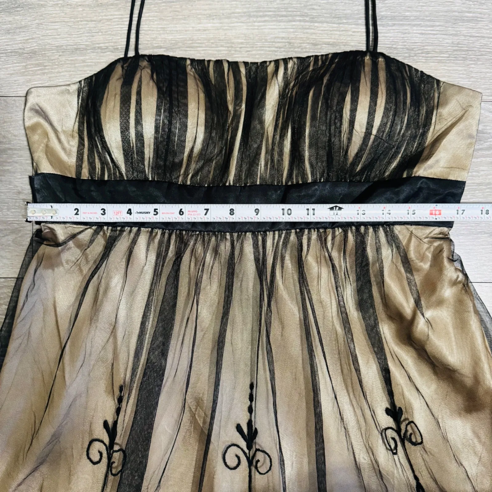 Vintage Y2K SL Fashions Black Beige Mesh Overlay Whimsigoth Babydoll Dress 14 Tan - Image 11