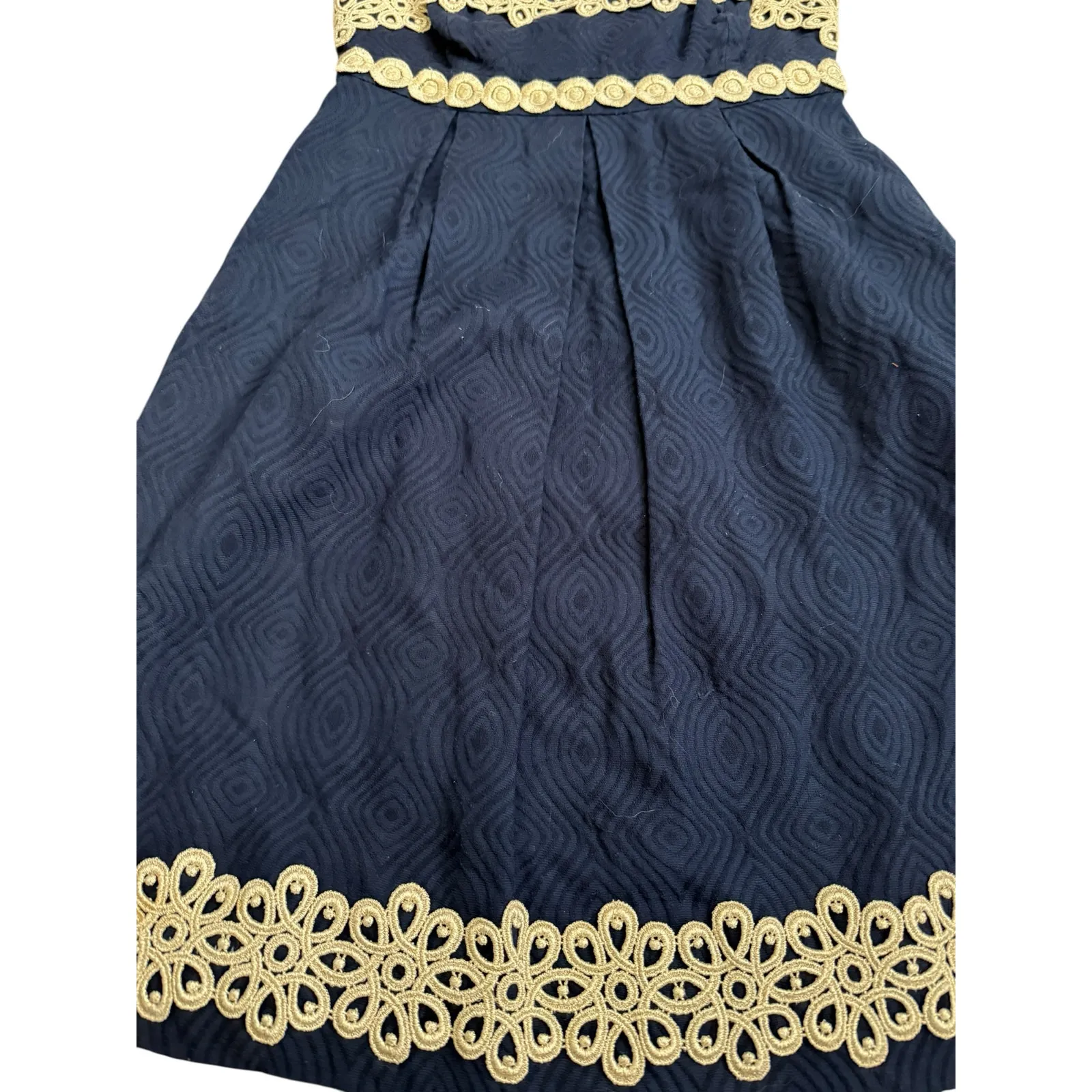 Lilly Pulitzer Betsey Jacquard‎ Gold Lace Navy Blue Strapless Dress Size 0 - Image 3