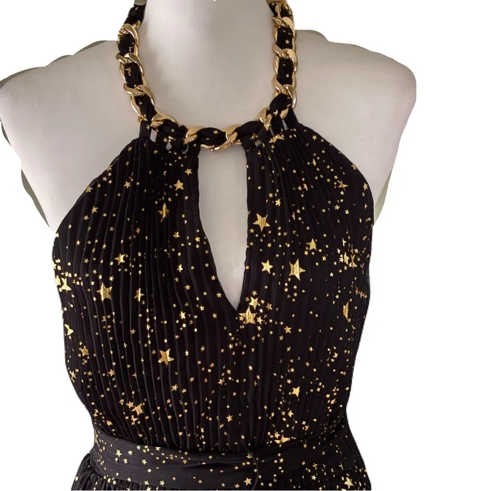 NWT Alex Marie Black and Gold Tiered Pleated Halter Maxi Dress – Size 4 - Image 3