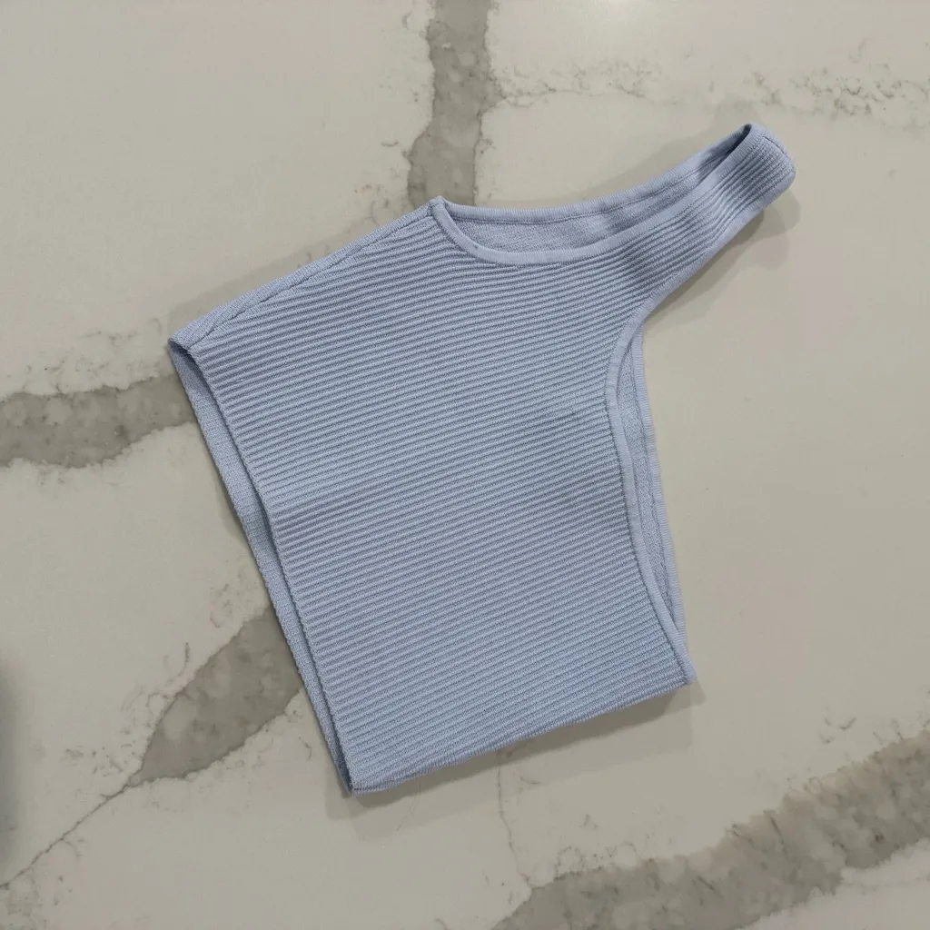 Babaton Aritzia Sculpt Knit One Shoulder Cropped Ribbed Tank Women’s Small Blue - Image 10