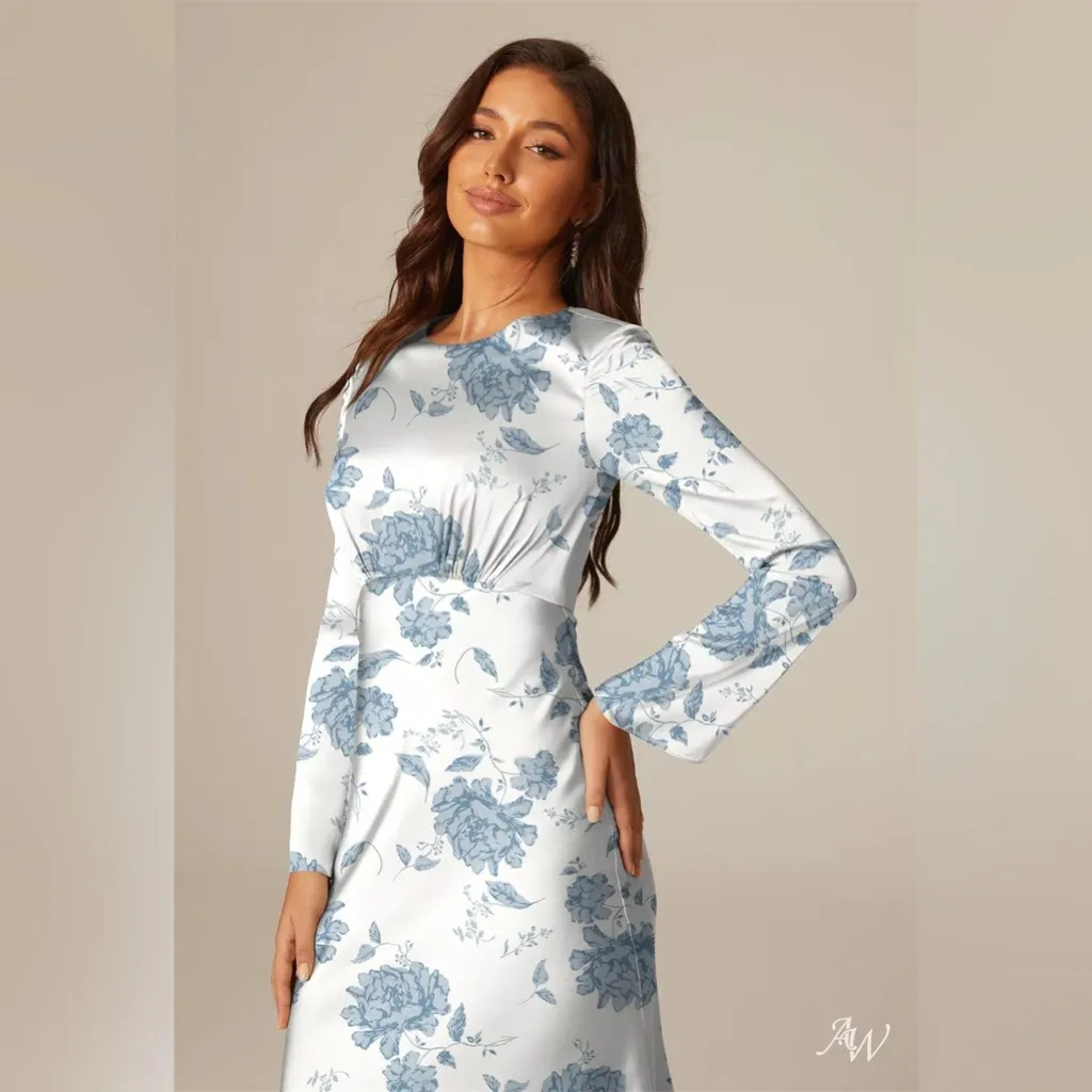 NWOT AW Bridal Elegant Formal Blue and White Floral Long Sleeve Bridesmaid Dress Size 6 - Image 3