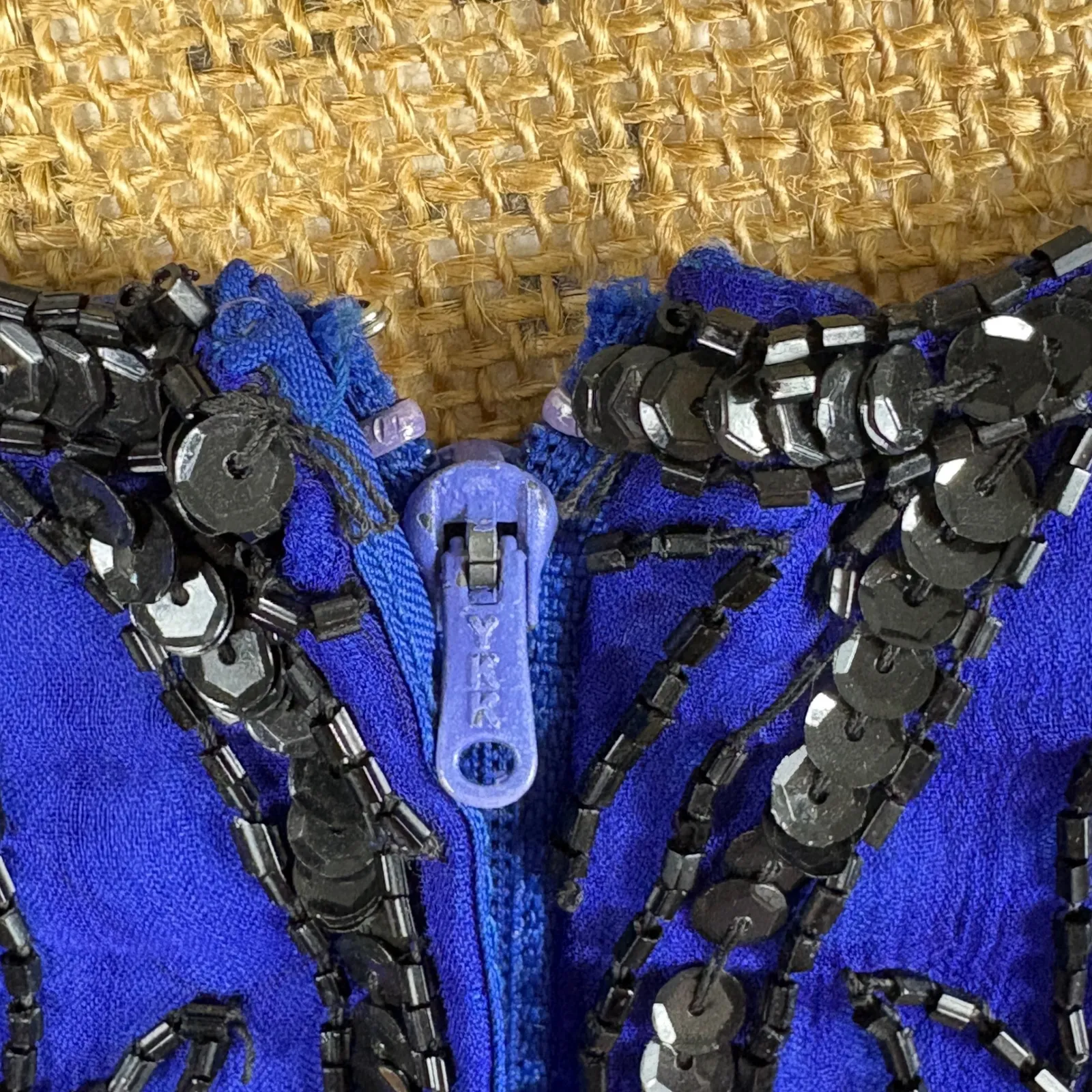 Vintage Stenay Silk Beaded Blouse Royal Blue Black Cocktail Glam Size Large - Image 5