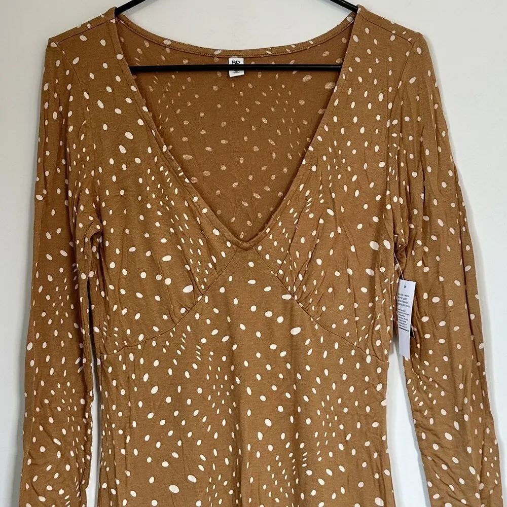 NWT BP Tan Polka Dot Long Sleeve V-Neck Sustainable Dress - Size: S - Image 3