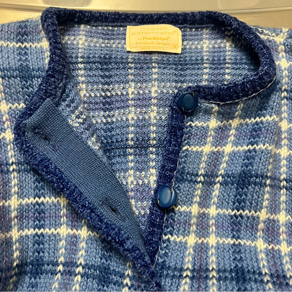 Pendleton Country Sophisticates Wool Blend Blue Plaid Cardigan Sweater size S - Image 12