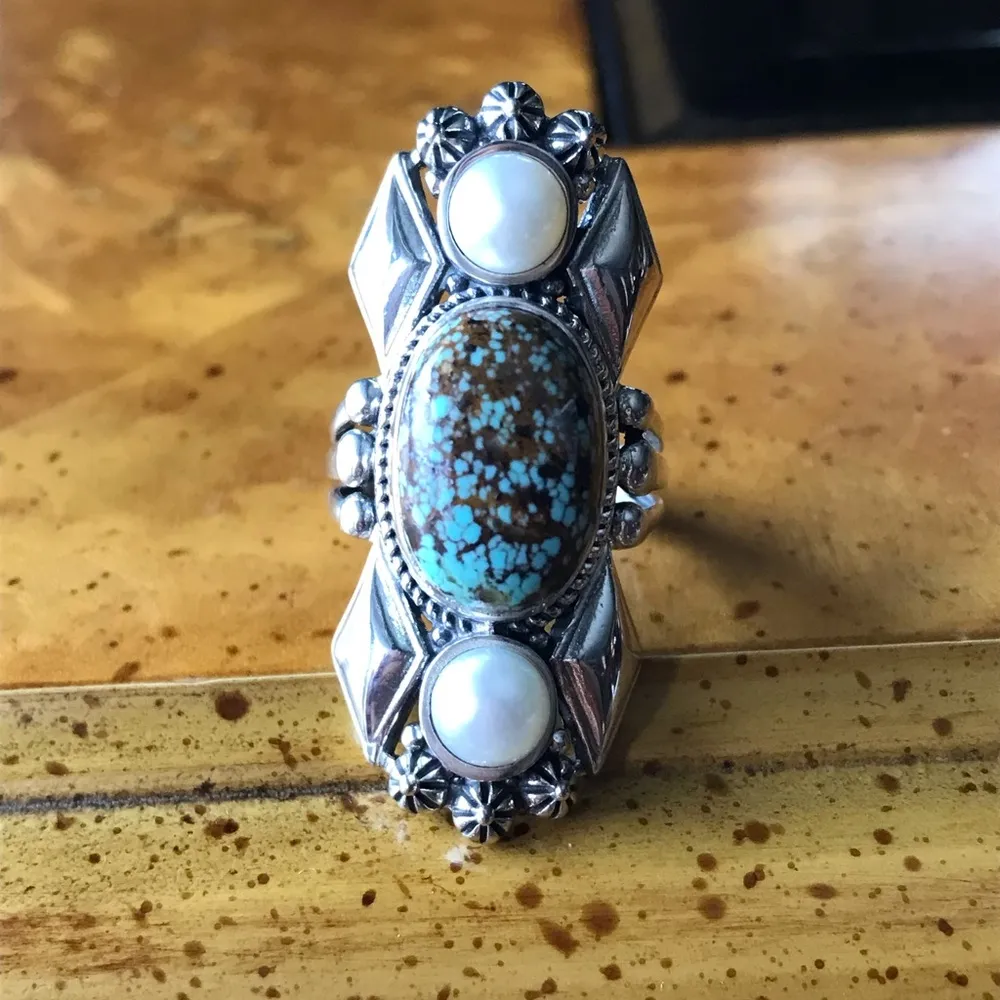 Genuine Turquoise Sterling Silver Statement Ring Size 6 - Image 10
