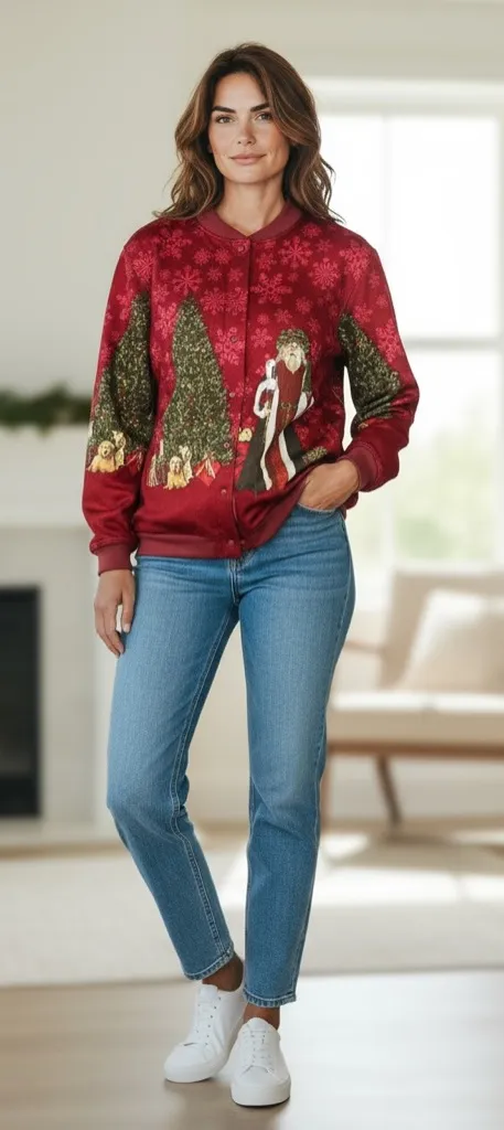 Christmas Father Christmas Puppy Rabbit Holiday Vintage Ugly Sweater Red Size L - Image 2