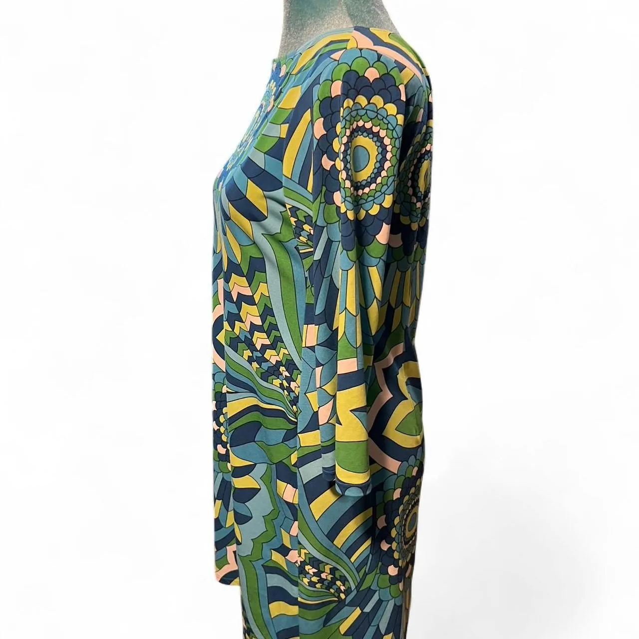 London-times Women's Green and blue psychedelic 60s 3/4 sleeve shift dress boho - Image 3