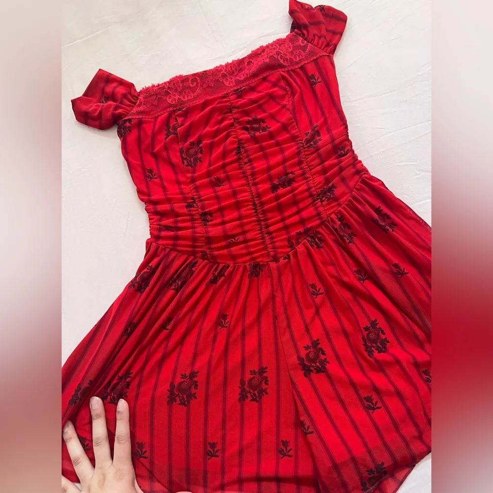 Kimchi Blue Red Off-Shoulder Dress with Floral Pattern - Image 3