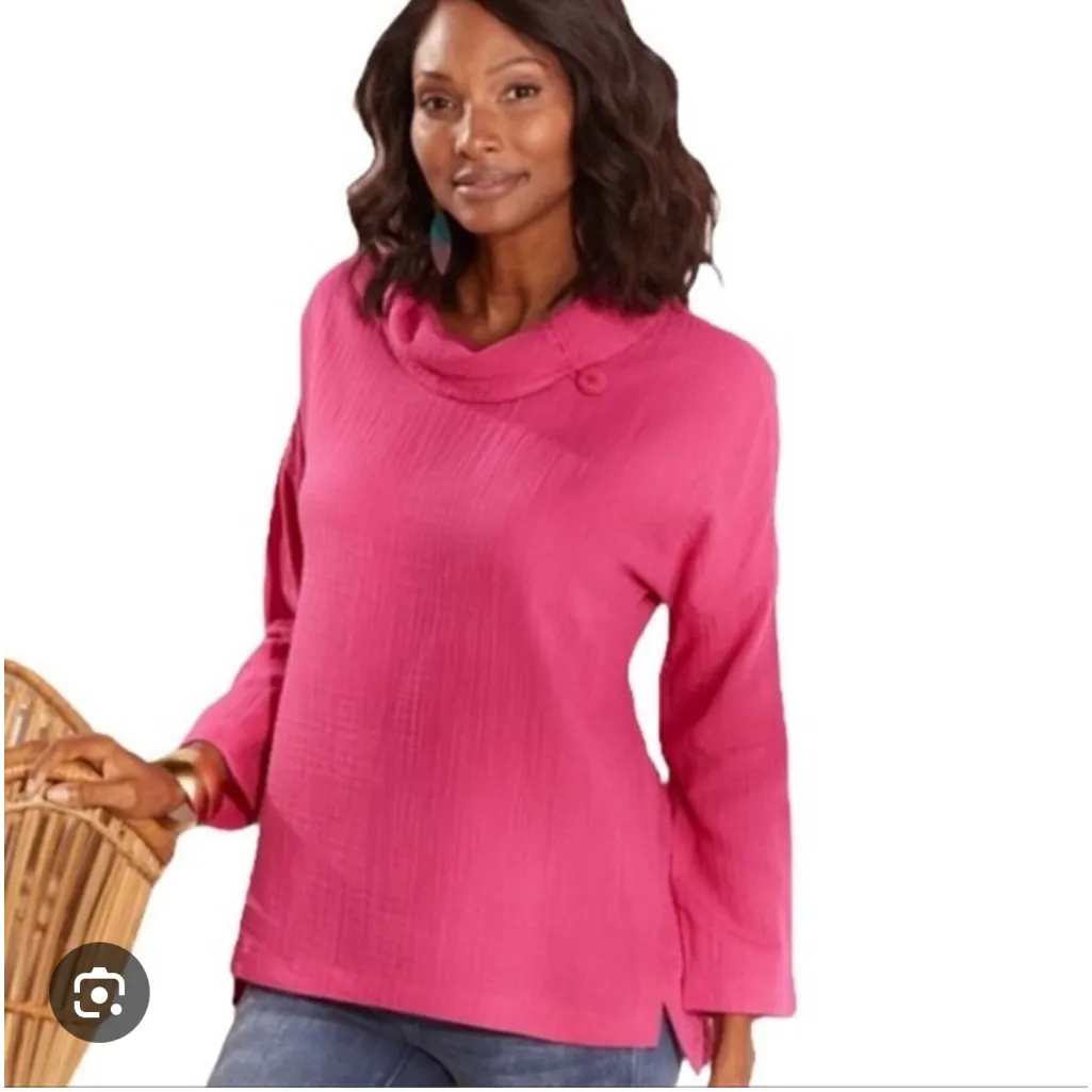 Soft surroundings crinkle gauze giovinezza cotton cowl neck  blouse top medium - Image 2