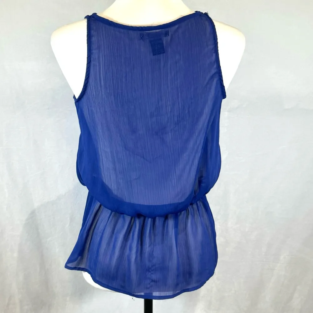 cobalt blue button front semi sheer peplum top size small - Image 3