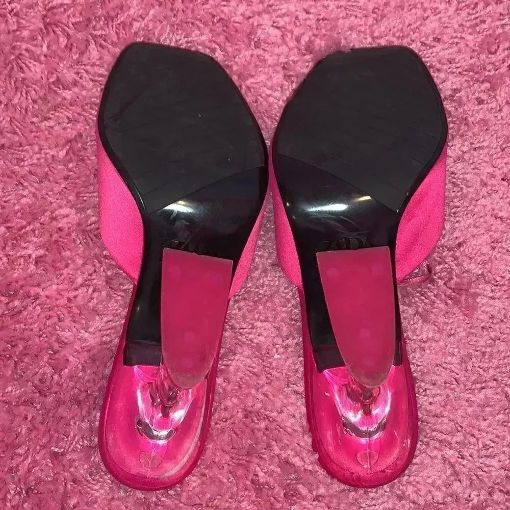 Zara Pink Satin Heeled Methacrylate Mule Sandals - Image 6