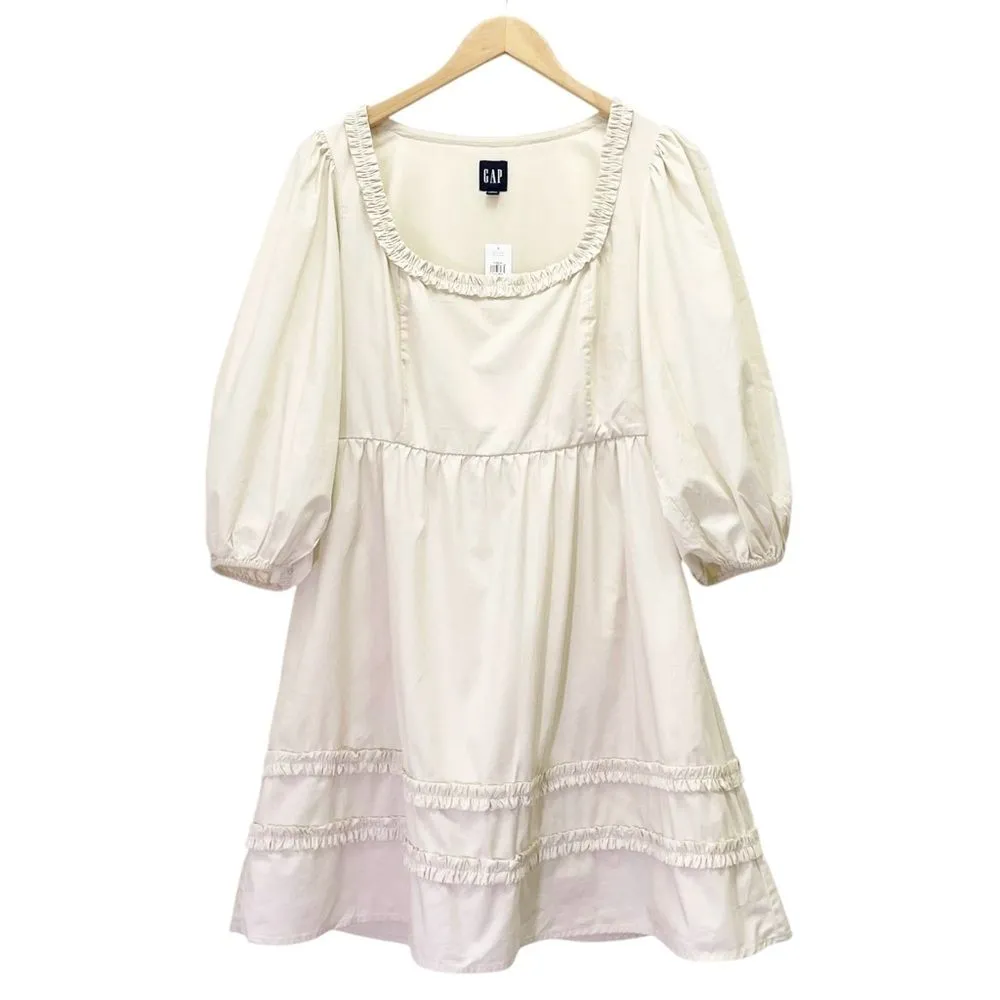 NWT GAP Puff Sleeve Ruffle Neck Mini Dress in Chino Beige Cream Cotton Size 4 - Image 4