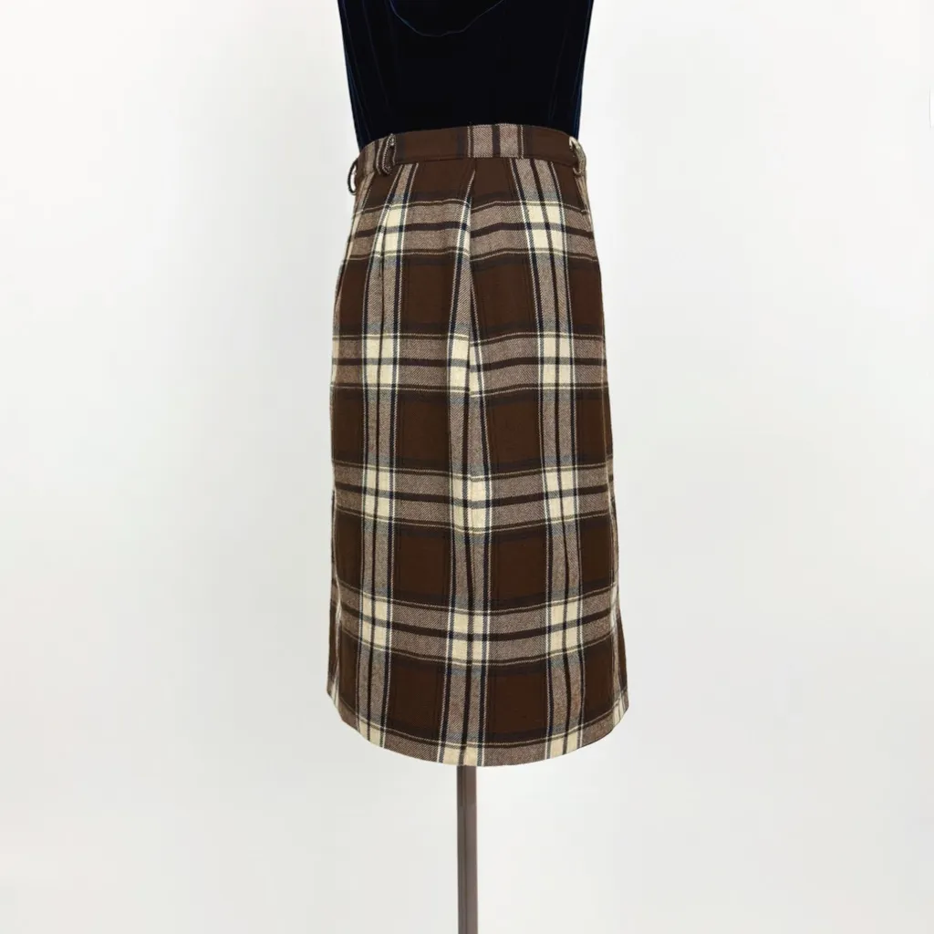 Vintage 90’s Pure Wool Plaid Wrap Pencil Skirt in Brown | Size S - Image 3