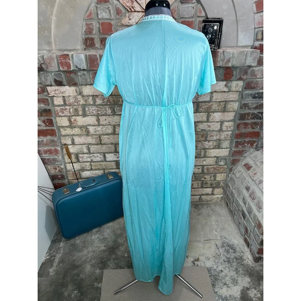 nightgown satin aqua lace V neck long Blue Size L - Image 5
