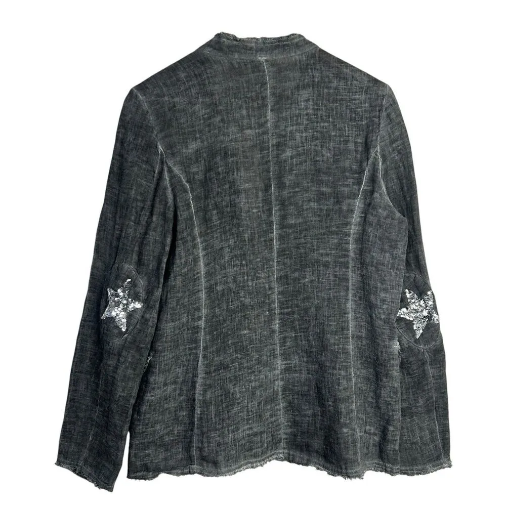 Venti6 Blazer Womens Large Gray Linen Jacket Frayed Hem Sequin Star Elbow Patch - Image 3