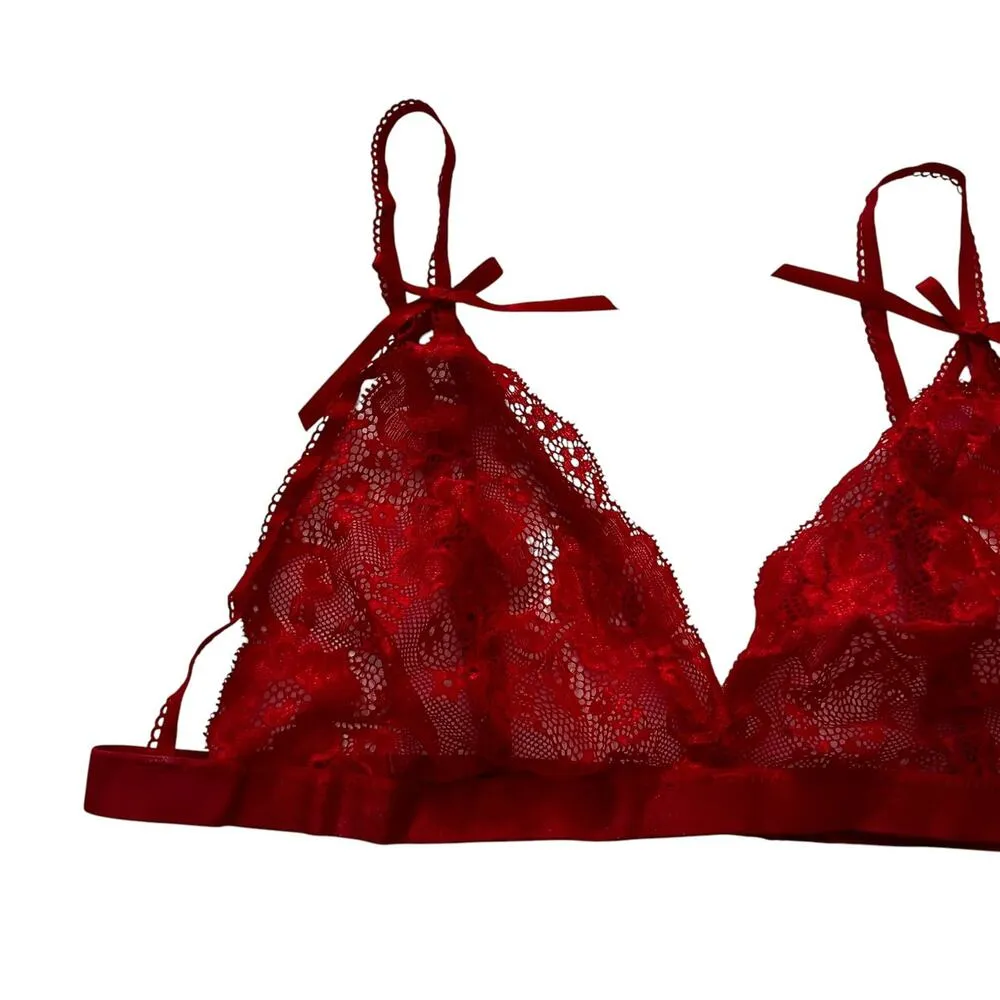 Avid Love Red Lace Floral Unlined, Sheer Lingerie Bralette Women  Large | 54-22 - Image 2