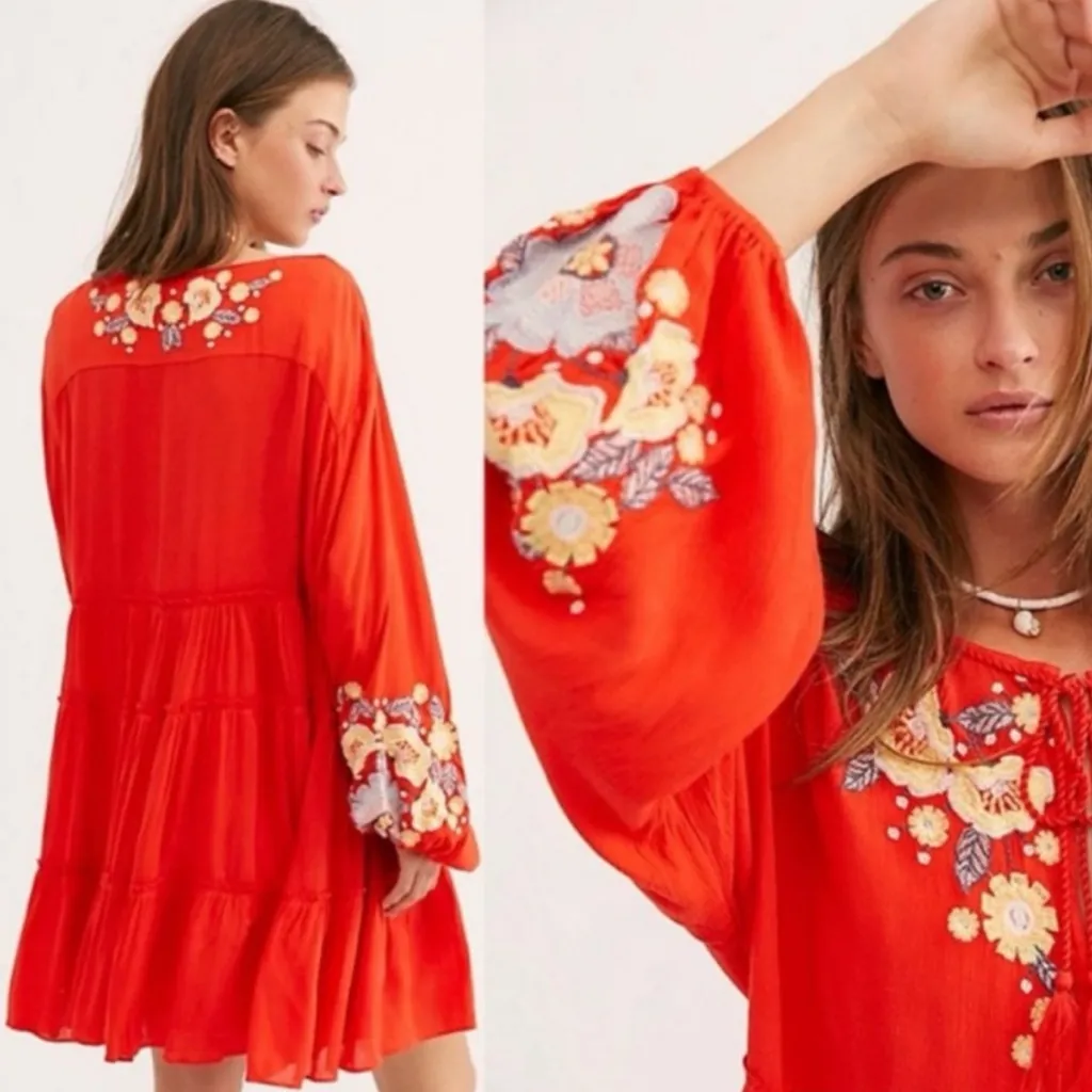 Free People Orange Red Embroidered Boho Floral Spell On You Mini Dress XS - Image 7