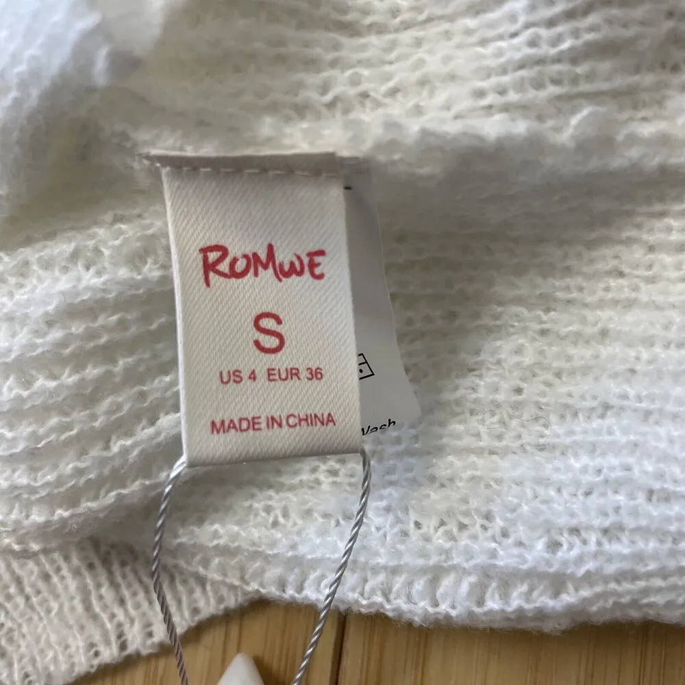 Romwe Womens Small White Cropped Knit Top Long Sleeve V Neck Sweatshirt - Image 6