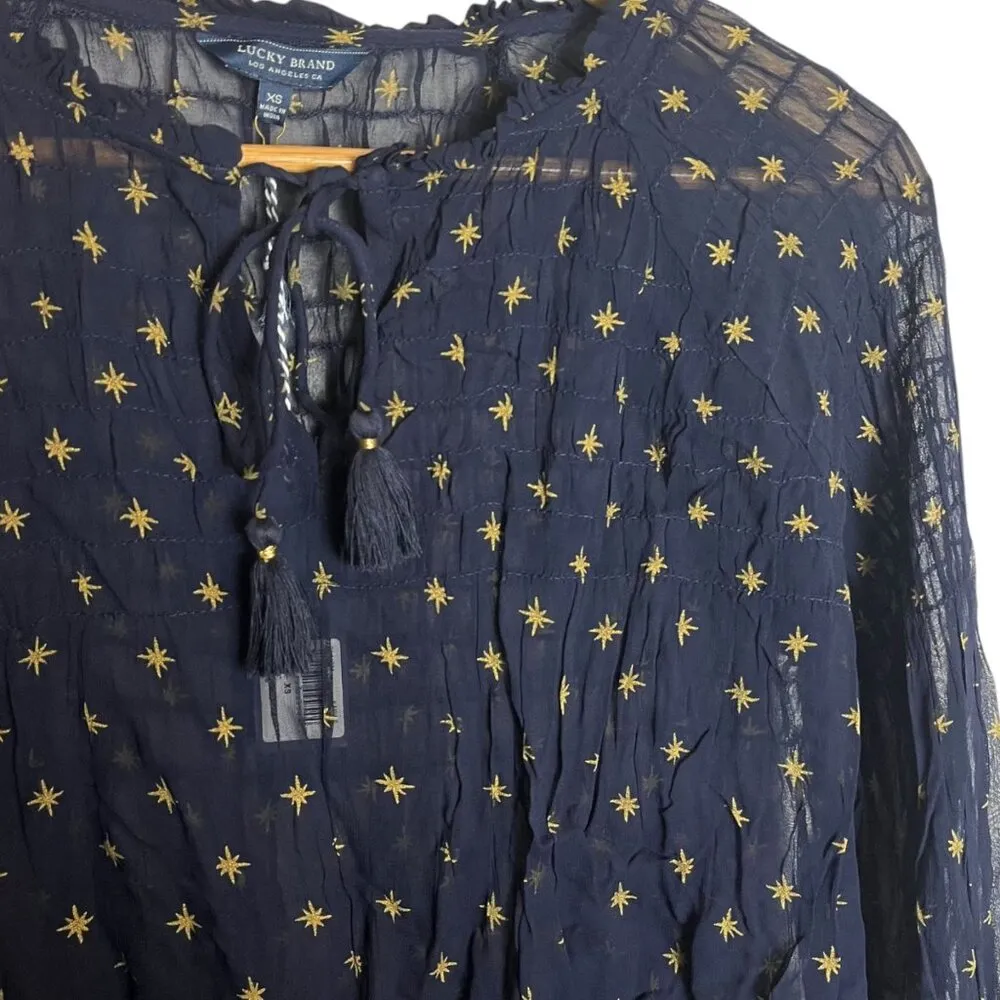 Lucky Brand Women's XS Peasant Top Navy Blue Gold Stars‎ Sheer Celestial - Image 2