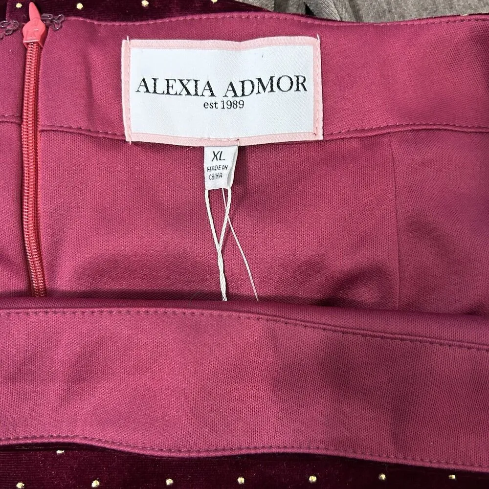 Alexia Admor Finn Velvet Mini Skirt Size XL Burgundy New $179 Gold Studded - Image 6