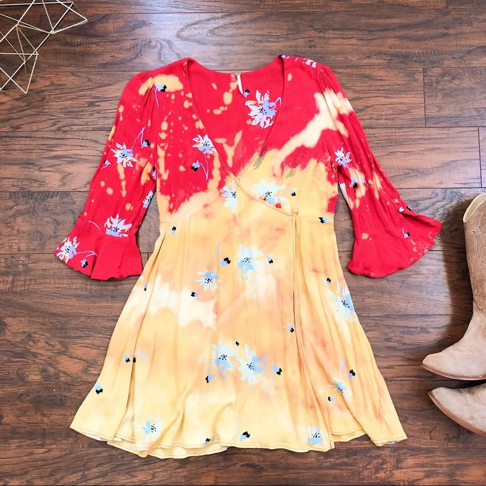 Free People • Time On My Side dress mini floral wrap red yellow crepe tie dye - Image 2