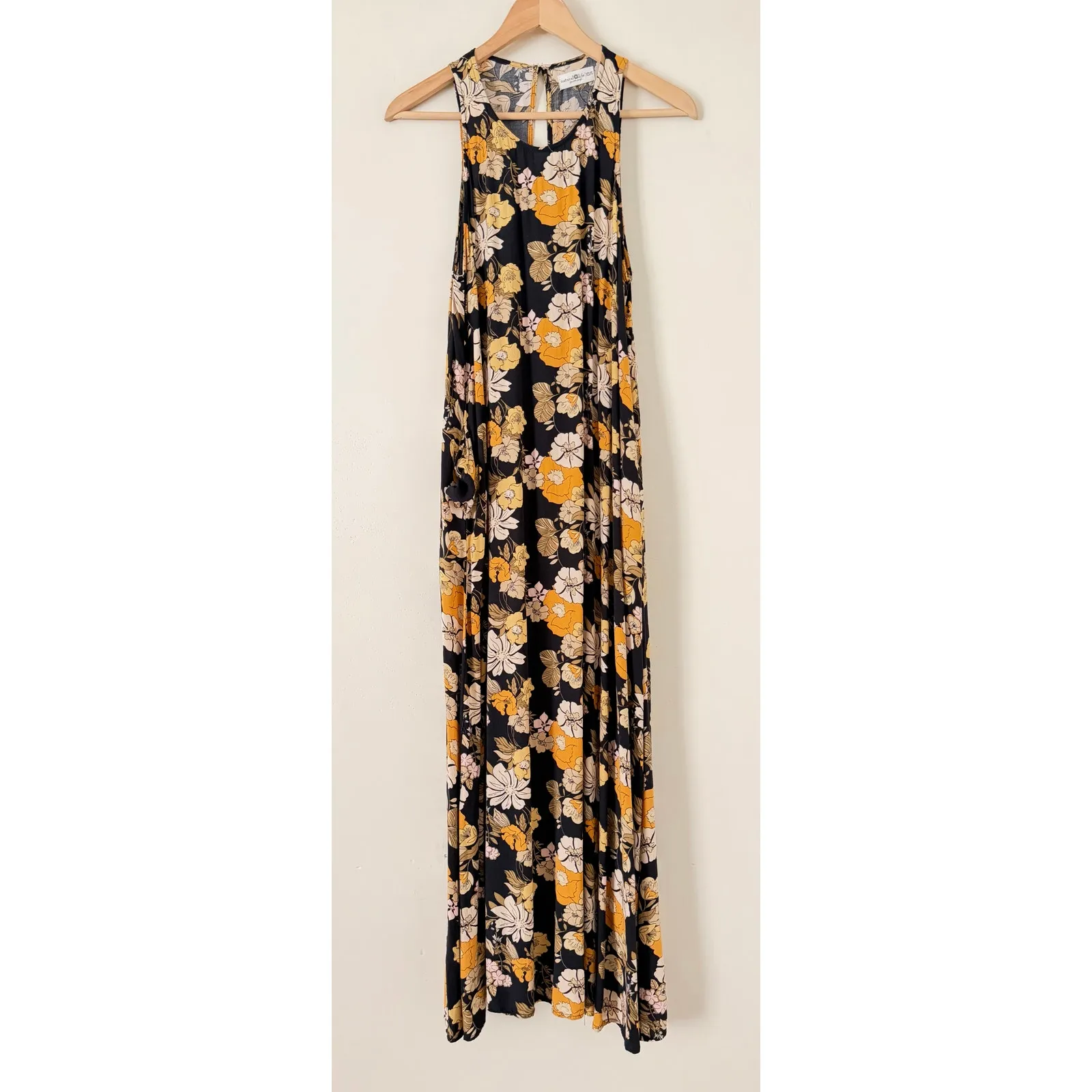 Natural Life Floral Maxi Dress XS S Black Yellow Flowers Garden Long Sleeveless - Image 2