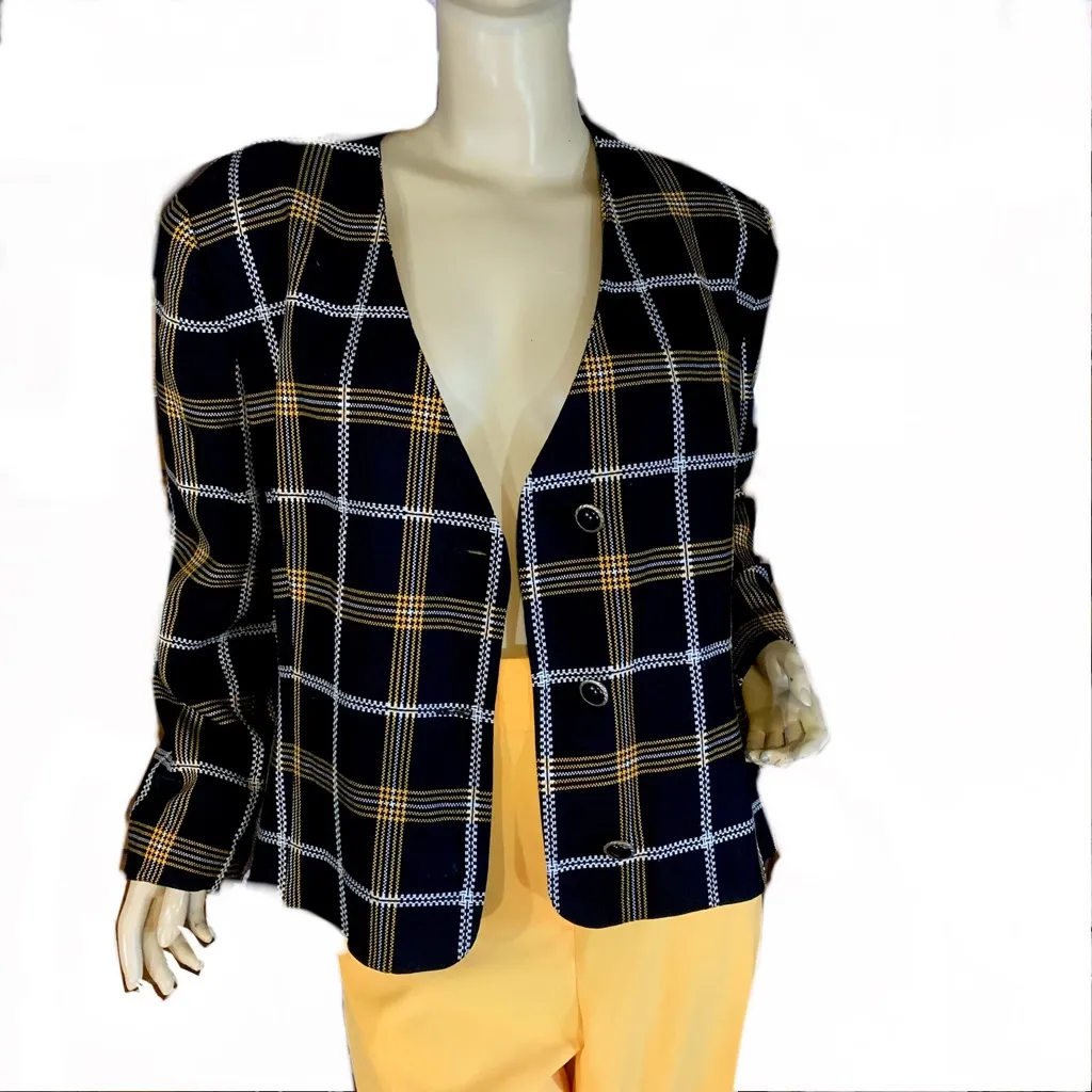VINTAGE 1980'S TANNER PLAID BLACK, YELLOW & WHITE BLAZER (14) Multiple - Image 7