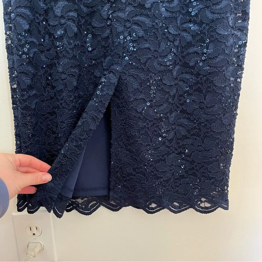 Alex Evenings Navy Blue Lace Sequin Midi Wedding Guest Dress and Jacket Size 14 - Image 8